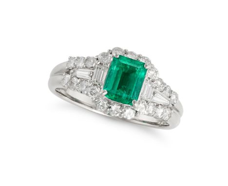 A COLOMBIAN EMERALD AND DIAMOND RING in platinum, set with an octagonal step cut emerald of 1.02 carats in a cluster of round