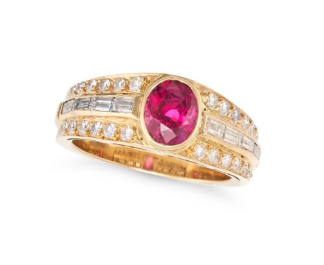 A RUBY AND DIAMOND RING in yellow gold, set to the centre with an oval cut ruby of approximately 1.26 carats, the band accent