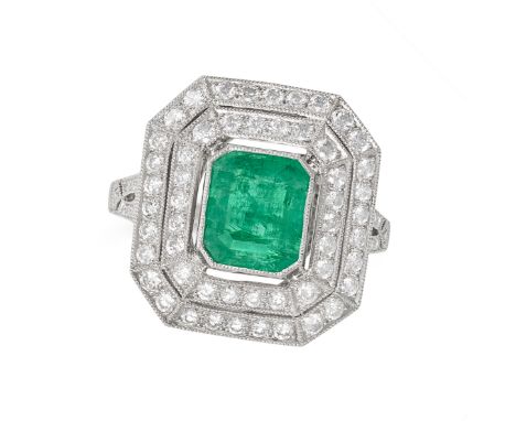 AN EMERALD AND DIAMOND RING set with an octagonal step cut emerald of 1.85 carats in a double border of round brilliant cut d