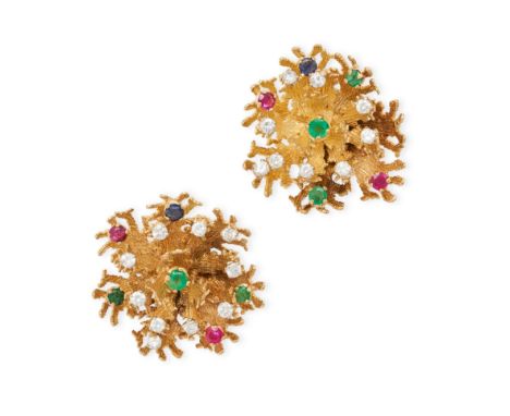 A PAIR OF VINTAGE FRENCH MULTIGEM EARRINGS in 18ct yellow gold, designed as a piece of coral set with round brilliant cut dia