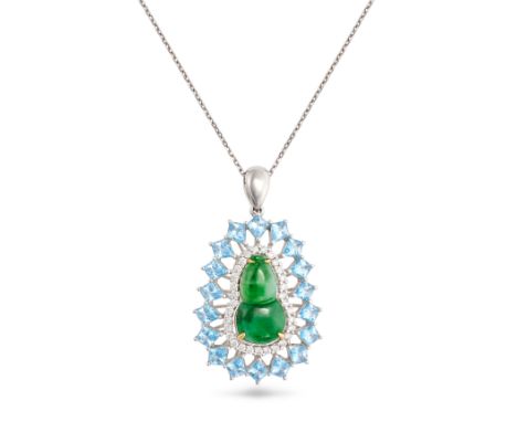 A JADEITE JADE, BLUE TOPAZ AND DIAMOND PENDANT NECKLACE in 18ct white gold, the pendant set with a carved jadeite jade in a b