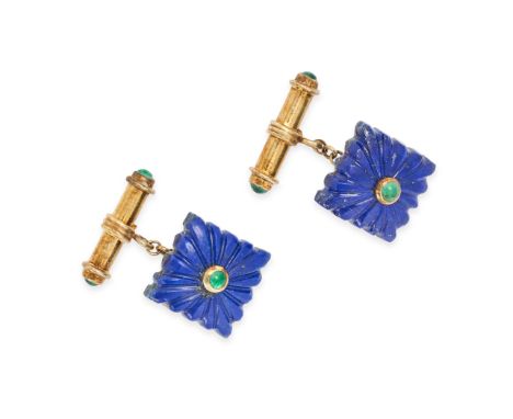 A PAIR OF VINTAGE LAPIS LAZULI AND EMERALD CUFFLINKS in silver gilt, each comprising a carved lapis lazuli set with a round c