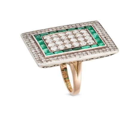 TIFFANY &amp; CO., AN ART DECO EMERALD AND DIAMOND DRESS RING in 18ct yellow gold, the rectangular face set to the centre wit