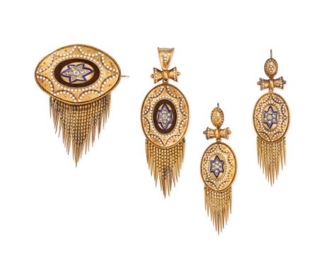 AN ANTIQUE ENAMEL AND DIAMOND BROOCH, EARRINGS AND PENDANT SUITE in yellow gold, the brooch set with a cluster of old and ros