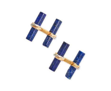 CARTIER, A PAIR OF VINTAGE LAPIS LAZULI CUFFLINKS in 18ct yellow gold, each cufflink set with two lapis lazuli batons accente