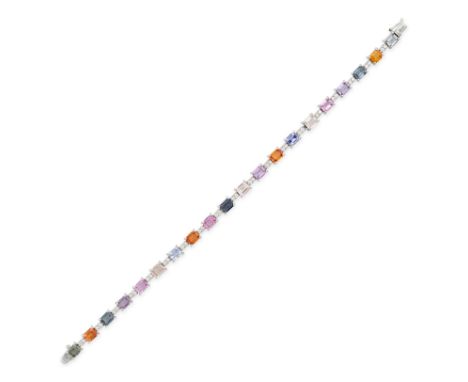 A MULTICOLOUR SAPPHIRE AND DIAMOND BRACELET in 18ct white gold, comprising a row of octagonal step cut green, orange, teal, p