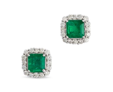 A PAIR OF EMERALD AND DIAMOND CLUSTER EARRINGS in 18ct white gold, each set with an octagonal step cut emerald in a cluster o