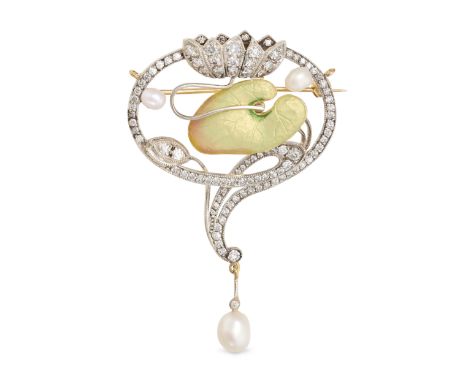 AN ART NOUVEAU DIAMOND, ENAMEL AND PEARL LILY PAD BROOCH / PENDANT in 18ct yellow gold, designed as a lily pad set throughout