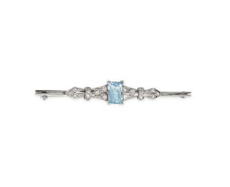AN ART DECO AQUAMARINE AND DIAMOND BAR BROOCH in platinum, set with a rectangular step cut aquamarine accented by single cut 