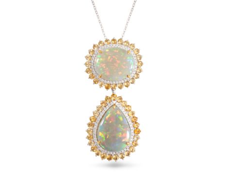 AN OPAL, CITRINE AND DIAMOND PENDANT NECKLACE in 18ct white gold, the pendant set with an oval cabochon opal in a cluster of 