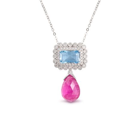 AN AQUAMARINE, DIAMOND AND RUBELLITE TOURMALINE PENDANT NECKLACE in 18ct white gold, the pendant set with a rectangular step 