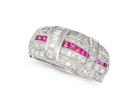 AN ART DECO RUBY AND DIAMOND RING designed as a belt set with baguette and single cut diamonds, accented by a row of square s