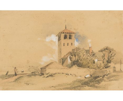 Italy.- Harding (James Duffield, 1798-1863) Landscape with bell tower and fisherman, traditionally understood to be in Italy,