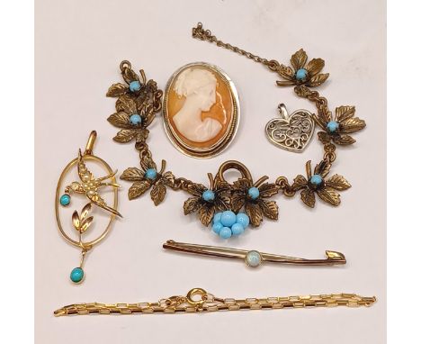 9CT GOLD SWIFT PENDANT WITH SEEDED PEARLS AND TURQUOISE, 2 PEARLS MISSING, 9CT BRACELET 18CM, 9CT OPAL BAR BROOCH, GOLD TOTAL