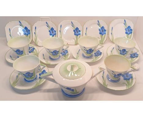 SHELLEY ART DECO 18 PIECE TEA SET PATTERN NO. 17611M WITH GLADIOLA.
INCLUDING A TEAPOT, 6 SIDE PLATES, 6 TEA CUPS (1 AF) AND 