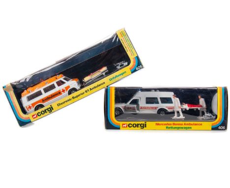 CORGI 405 CHEVROLET-SUPERIOR 61 AMBULANCE,along with a Corgi 406 mercedes Bonna Ambulance Rettungswagen, both boxed (2)