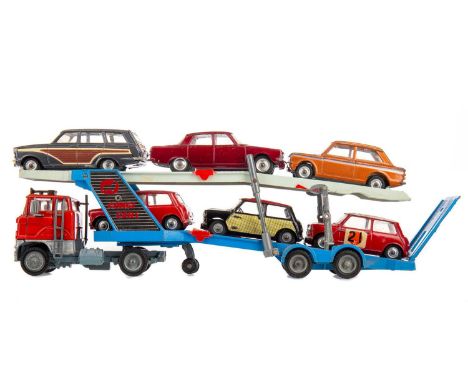 CORGI MAJOR CARRIMORE MARK IV TRANSPORTER,hauling six Corgi models comprising Hillman Imp, Ford Consul, Rover 2000, BMC Mini 