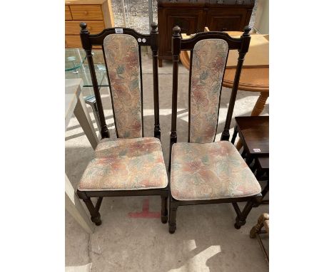 A PAIR OF ERCOL DINING CHAIRS WITH UPHOLSTERED SEATS AND BACKS 