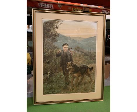 A GILT FRAMED PRINT DEPICTING A BOY WITH DOG 