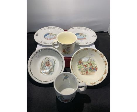 SIX ITEMS OF BUNNYKINS TO INCLUDE TWO WEDGEWOOD PLATES, ONE BOWL AND A CUP AND A ROYAL DOULTON BOWL AND CUP 