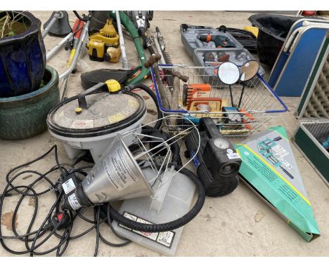 AN ASSORTMENT OF TOOLS TO INCLUDE A HEAT LAMP, A WALL PAPER STRIPPER AND SHEARS ETC 