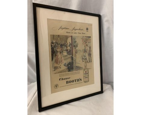 A FRAMED VINTAGE STYLE POSTER FOR BOOTH'S FINEST DRY GIN 25CM X 45CM 