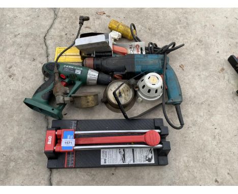 AN ASSORTMENT OF TOOLS TO INCLUDE TWO DRILLS, VINTAGE PRESSURE GAUGES ETC 
