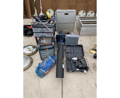 A LARGE QUANTITY OF GARDEN TOOLS TO INCLUDE A 24V DRILL, A PETROL POWER VAC AND STORAGE UNITS ETC 