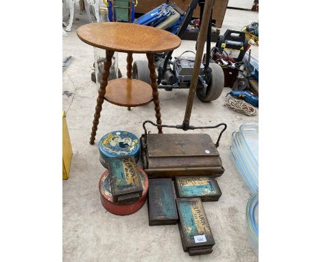 A VINTAGE EWBANK VACUUM, VARIOUS VINTAGE TINS AND A TWO TIER TABLE 