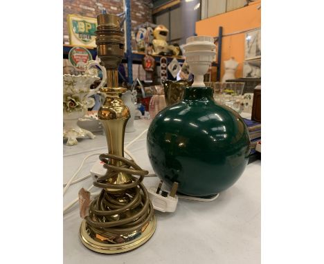 TWO EXAMPLES OF TABLE LAMPS, ONE BRASS THE OTHER GREEN CERAMIC 