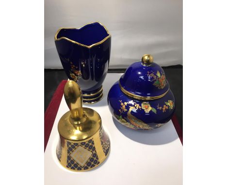 THREE ITEMS TO INCLUDE A CARLTONWARE VASE, LIDDED POT AND A CAVERSWALL ROMANY 22CT GOLD BP BELL 