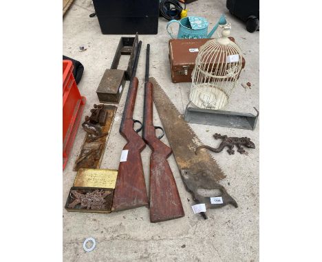 AN ASSORTMENT OF ITEMS TO INCLUDE A VINTAGE SAW, A WATERING CAN AND A BIRD CAGE ETC 