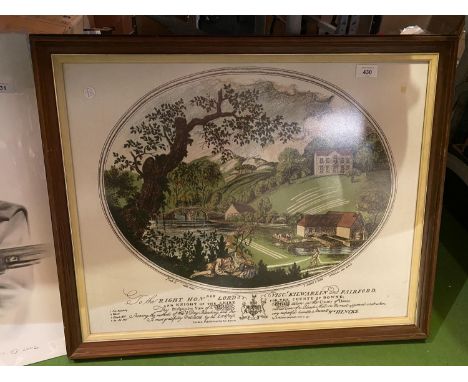 A FRAMED VINTAGE PRINT ON LINEN DEPICTING THE METHODS OF WET AND DRY BLEACHING OUTSIDE A BLEACHING MILL 