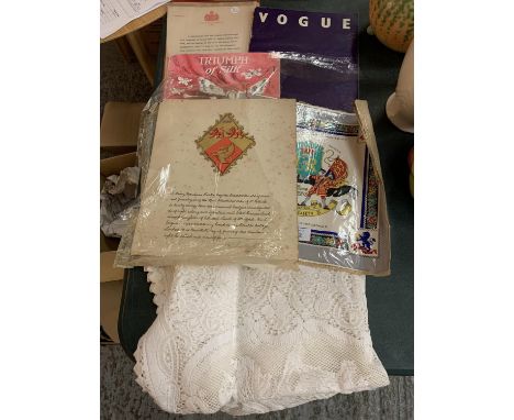 TWO VINTAGE BOOKS AND CERTIFICATES RELATING TO THE SILK INDUSTRY AND A LACE TABLECLOTH 