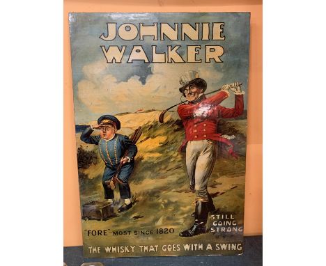 A VINTAGE STYLE WOODEN BOARD DEPICTING A JONNIE WALKER WHISKY GOLFING ADVERT 