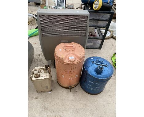 AN ASSORTMENT OF ITEMS TO INCLUDE TWO VINTAGE OIL DRUMS, A VINTAGE VALOR FUEL CAN AND A HEATER 