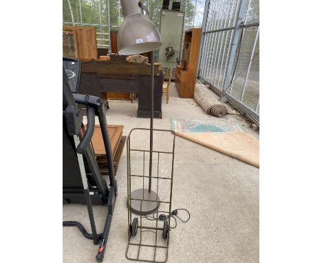 A METAL SACK TRUCK AND AN INDUSTRIAL STYLE LAMP 