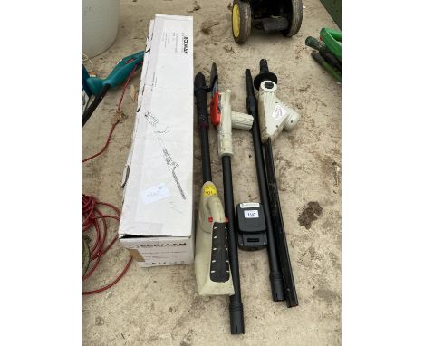A LONG REACH ECKMAN BATTERY POWERED HEDGE CUTTER TO ALSO INCLUDE CHAIN SAW ATTATCHMENT 