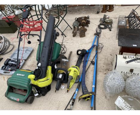 A LARGE QUANTITY OF GARDEN TOOLS TO INCLUDE A QUALCAST CONCORDE 32, A LEAF BLOWER AND HEDGE CUTTERS ETC 
