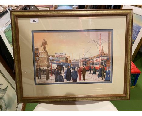 AN ORIGINAL MANCHESTER FRAMED SCENE SHOWING TRAMS, PEDESTRIANS AND VINTAGE ADVERTISING BOARDS TO INCLUDE BOVRIL ETC. 