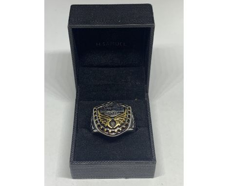 A HEAVY HARLEY DAVIDSON MOTORBIKE RING WITH PRESENTATION BOX 
