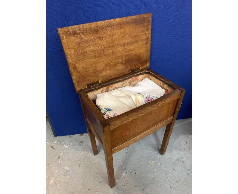 A VINTAGE SEWING BOX (HEIGHT 24") TO INCLUDE VARIOUS LINEN AND LACE 