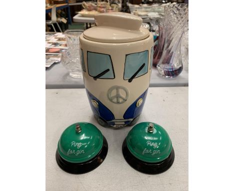 A CAMPER VAN STYLE STORAGE JAR WITH LID AND TWO GIN BELLS 