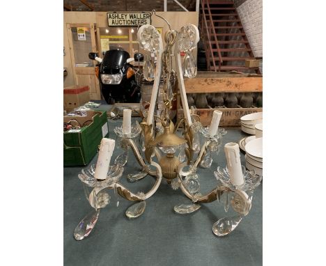 A VINTAGE FOUR ARM GLASS AND GILT CEILING CANDELABRA 