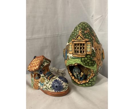 TWO CERAMIC CHILDREN'S NIGHTLIGHT LAMPS ONE BEING IN THE FORM OF A TREEHOUSE AND THE OTHER A BOOT 