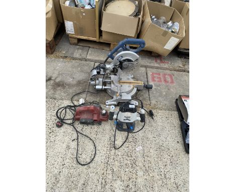 A POWER CRAFT MITRE SAW, A MACALLISTER ROUTRE AND AN ELECTRIC SANDER 