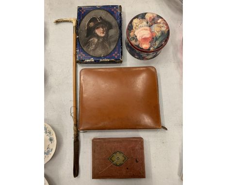 THREE VINTAGE TINS, A RIDING CROP AND AN ORGANISER ZIP UP CASE 