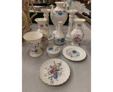 SIX EXAMPLES  OF WEDGWOOD 'CLEMENTINE' AND A TRIO OF COALPORT VASES WITH A WEDGEWOOD TRINKET TRAY 