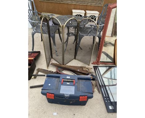 AN ASSORTMENT OF ITEMS TO INCLUDE A FIRE GUARD, A TOOL BOX AND A QUANTITY OF TOOLS 