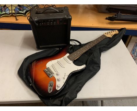 AN ION ELECTRIC GUITAR WITH CARRYING CASE AND AMPLIFIER 